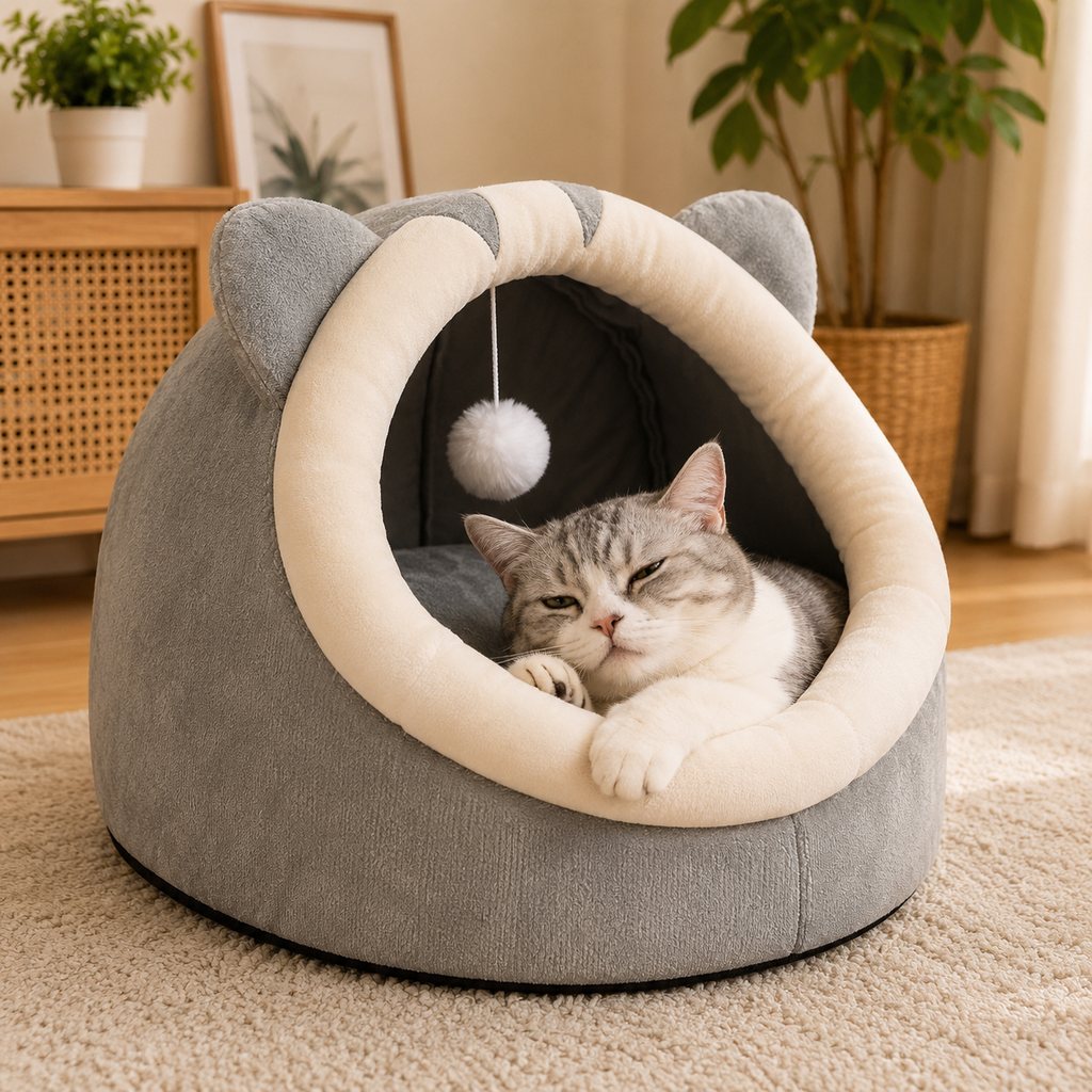 Semi-Enclosed Plush Pet Bed for Cats & Small Dogs | Cozy Indoor Hideaway for Rest