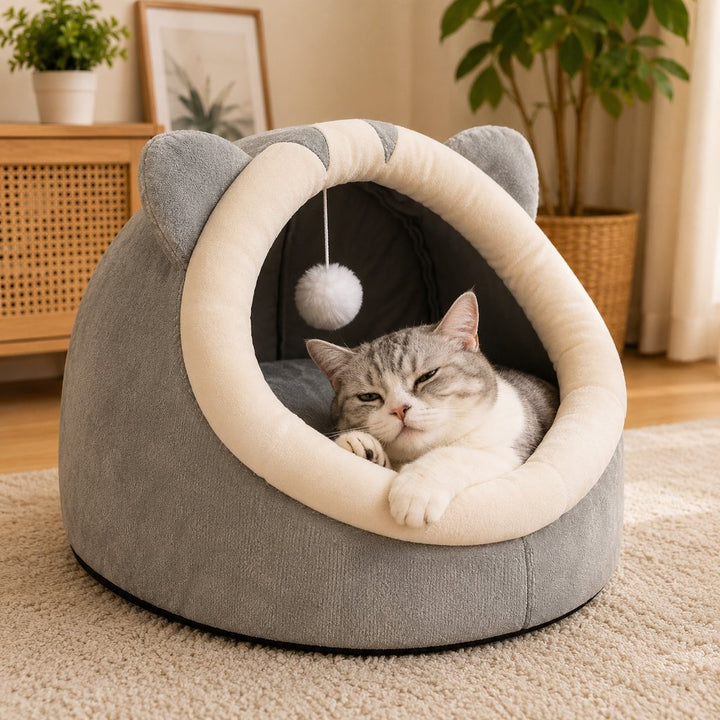 Semi-Enclosed Plush Pet Bed for Cats & Small Dogs | Cozy Indoor Hideaway for Rest
