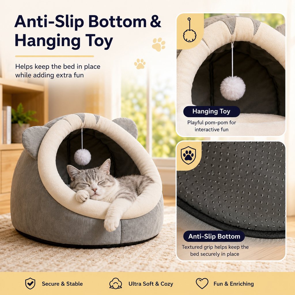 Semi-Enclosed Plush Pet Bed for Cats & Small Dogs | Cozy Indoor Hideaway for Rest