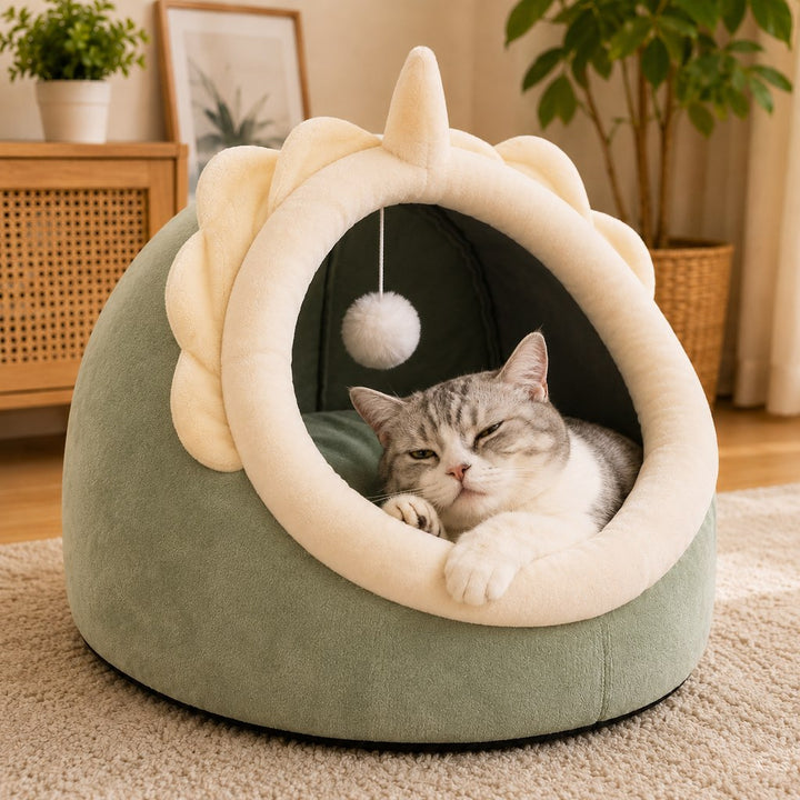 Semi-Enclosed Plush Pet Bed for Cats & Small Dogs | Cozy Indoor Hideaway for Rest