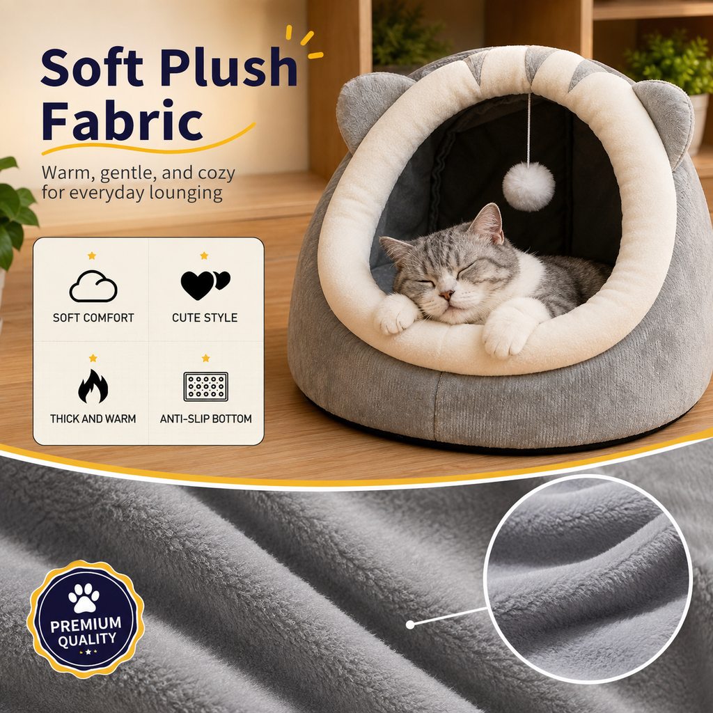 Semi-Enclosed Plush Pet Bed for Cats & Small Dogs | Cozy Indoor Hideaway for Rest