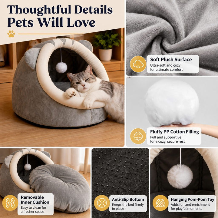 Semi-Enclosed Plush Pet Bed for Cats & Small Dogs | Cozy Indoor Hideaway for Rest