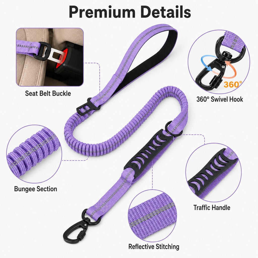 Reflective Dog Car Seat Belt Leash for Backseat Travel & Daily Walks