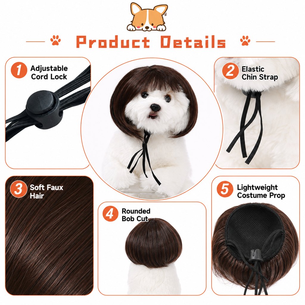 Funny Short Bob Pet Wig for Photos & Parties | Easy Costume Prop for Cats & Small Dogs