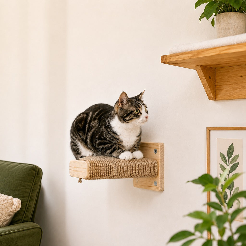 Wall-Mounted Solid Wood Cat Steps for Shelves & Perches | Space-Saving Jute Climbing Ladder