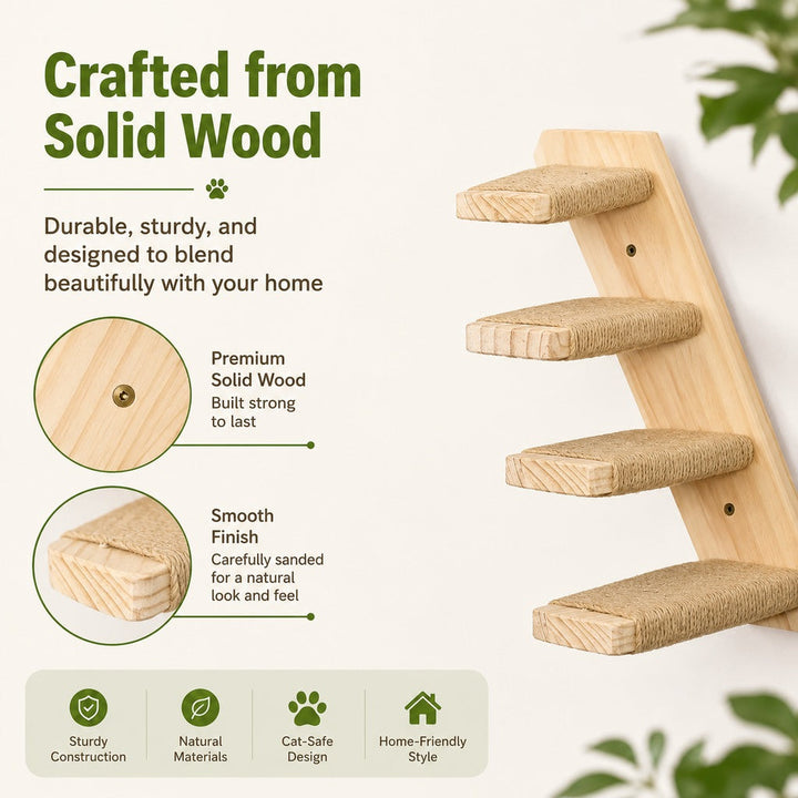 Wall-Mounted Solid Wood Cat Steps for Shelves & Perches | Space-Saving Jute Climbing Ladder