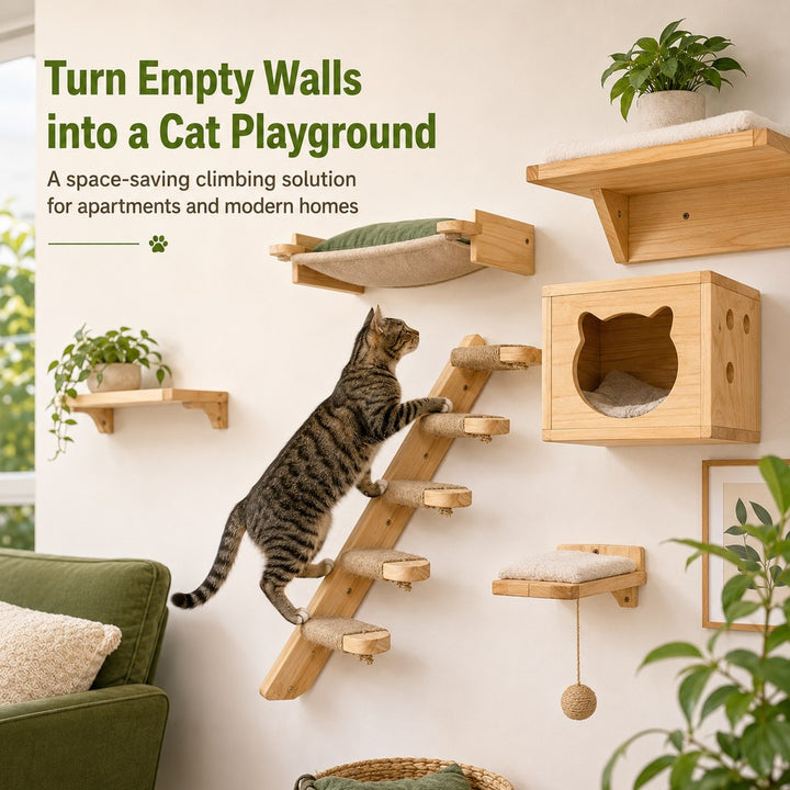 Wall-Mounted Solid Wood Cat Steps for Shelves & Perches | Space-Saving Jute Climbing Ladder