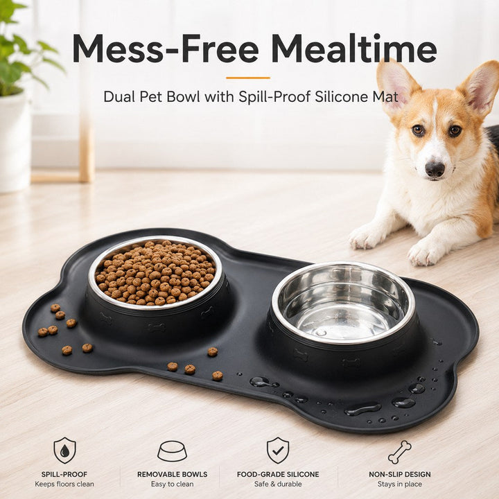 Spill-Proof Dual Pet Bowl for Cats & Dogs | Mess-Free Food & Water Station for Cleaner Floors