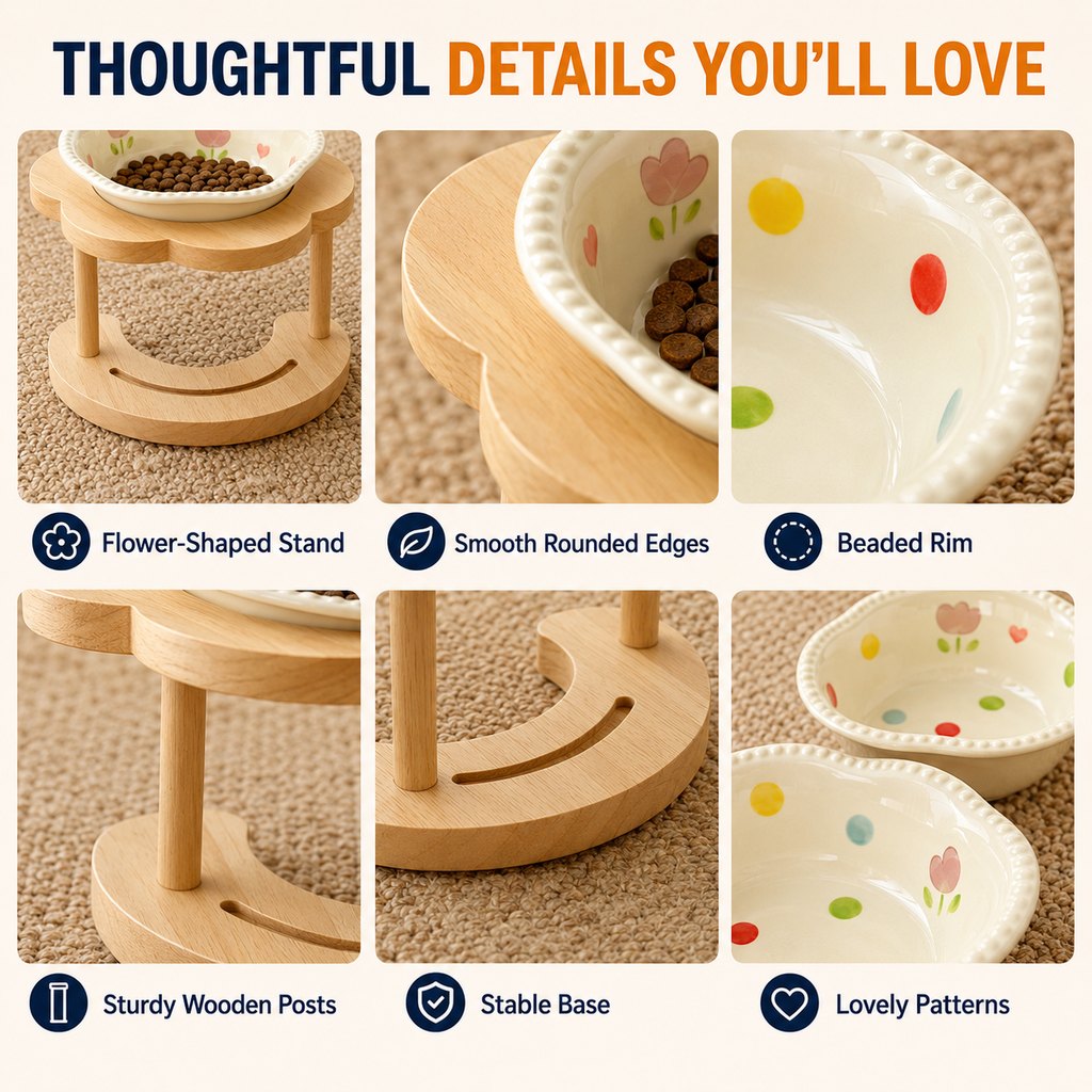 Elevated Ceramic Pet Bowl with Wooden Stand for Cats & Small Dogs