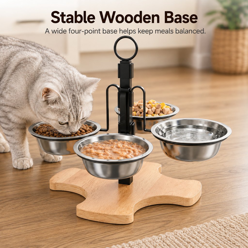 4-Bowl Adjustable Elevated Pet Feeder for Cats & Small Dogs | Organized Food and Water Station
