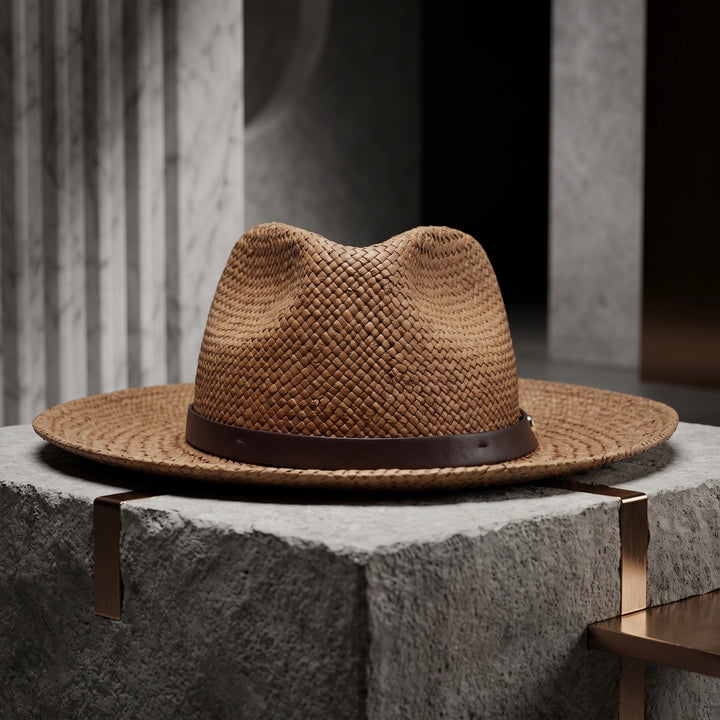 Straw Fedora Hat with Wide Brim, Braided Band and Cloth Sweatband
