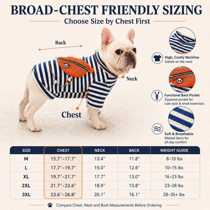 French Bulldog Striped Pocket Pullover for Cool Indoor Spaces & Easy Walks | Broad-Chest Sizing