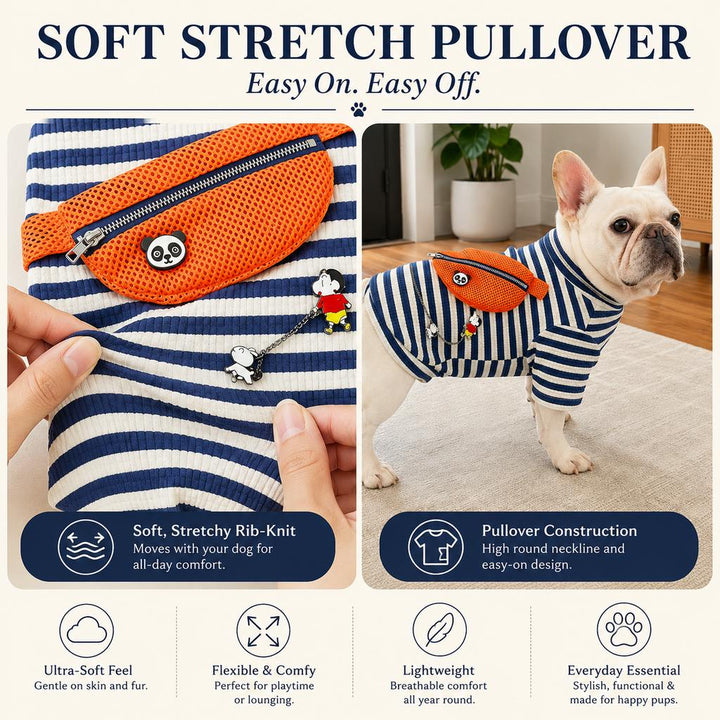French Bulldog Striped Pocket Pullover for Cool Indoor Spaces & Easy Walks | Broad-Chest Sizing