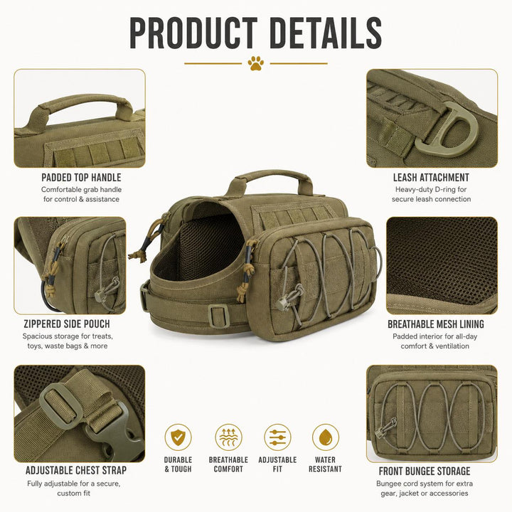 Tactical Dog Backpack Harness for Hiking, Camping & Daily Walks