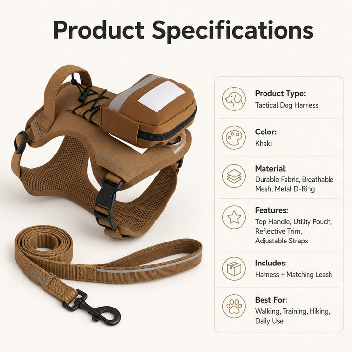 Tactical Dog Harness with Storage Pouch for Daily Walks, Training & Hiking