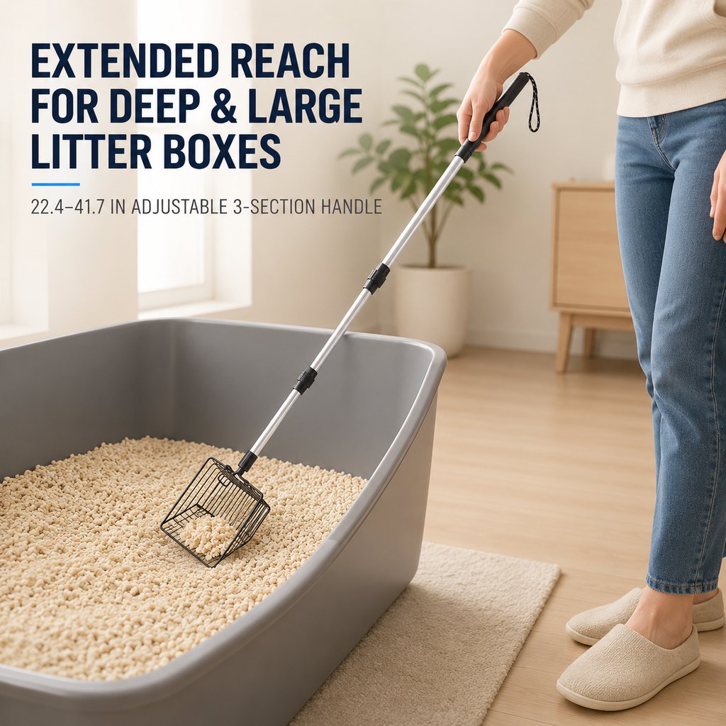 Telescoping Cat Litter Scoop for Deep Litter Boxes | Long Handle Sifter for Less Bending