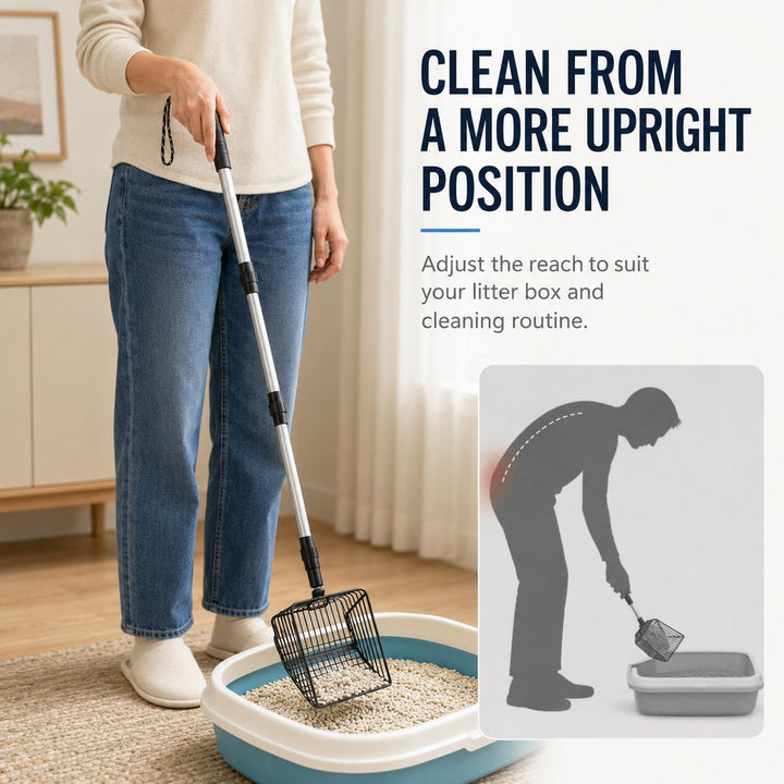 Telescoping Cat Litter Scoop for Deep Litter Boxes | Long Handle Sifter for Less Bending