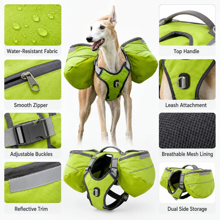 Dog Saddlebag Backpack Harness for Hiking & Camping