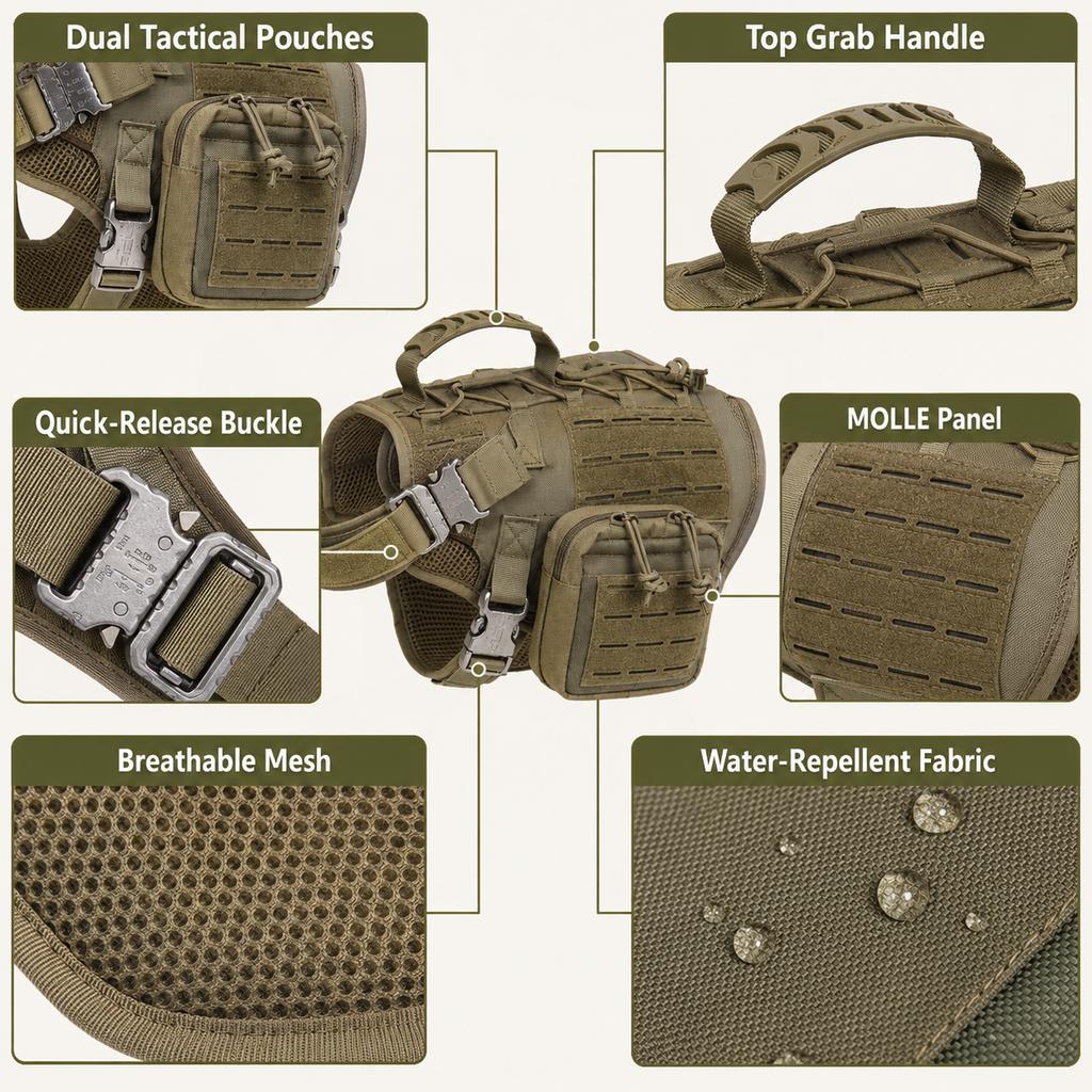 TrailGuard K9 Tactical Dog Backpack Harness with Dual Side Pouches for Hiking, Camping & Outdoor Walks