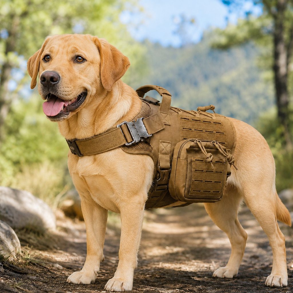 TrailGuard K9 Tactical Dog Backpack Harness with Dual Side Pouches for Hiking, Camping & Outdoor Walks