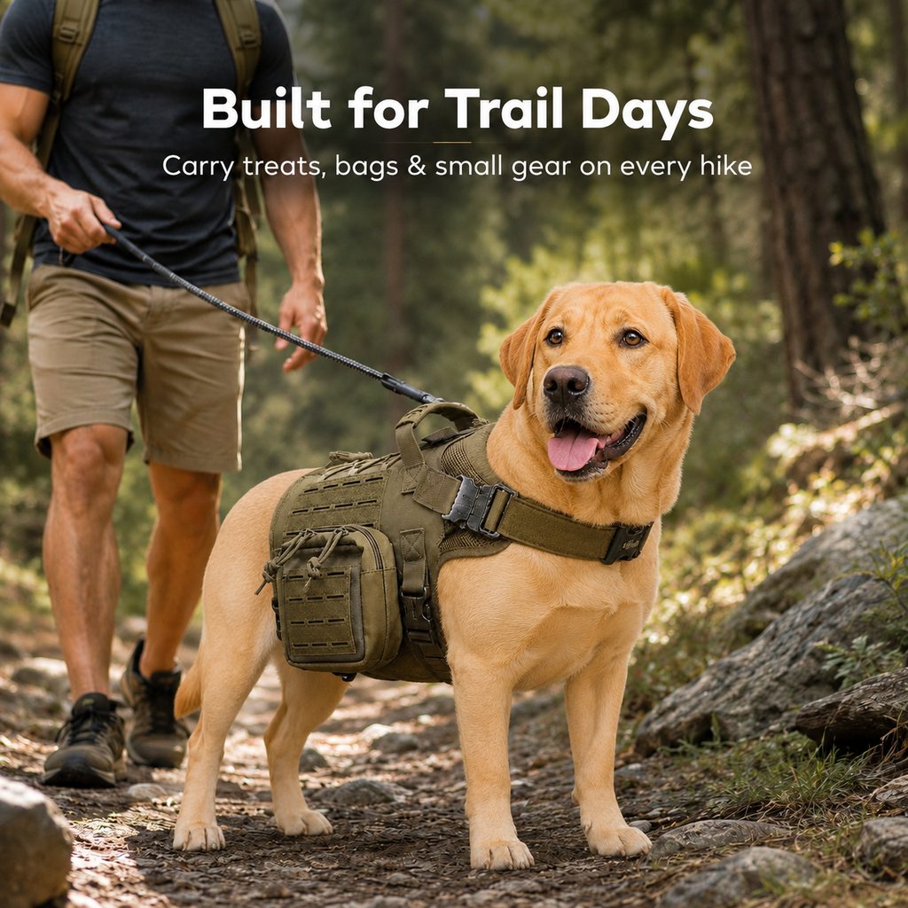 TrailGuard K9 Tactical Dog Backpack Harness with Dual Side Pouches for Hiking, Camping & Outdoor Walks