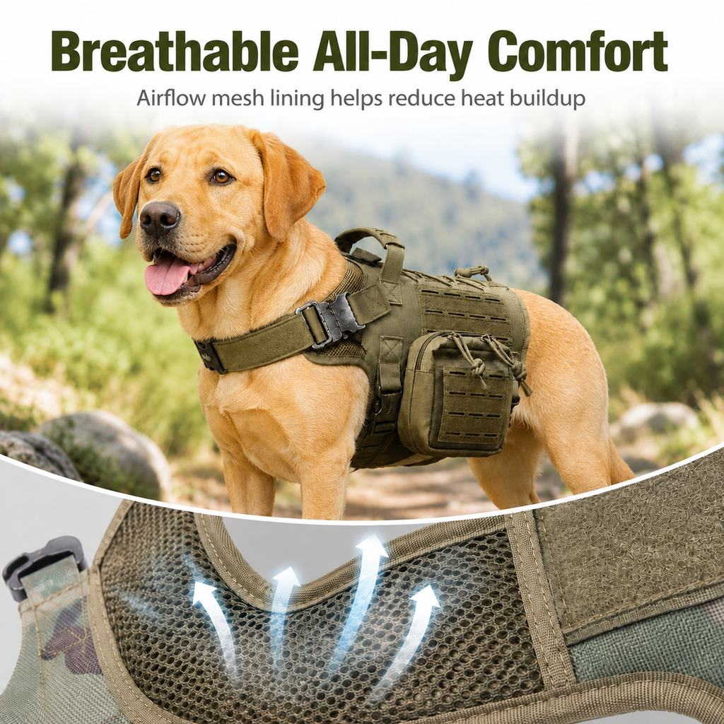 TrailGuard K9 Tactical Dog Backpack Harness with Dual Side Pouches for Hiking, Camping & Outdoor Walks