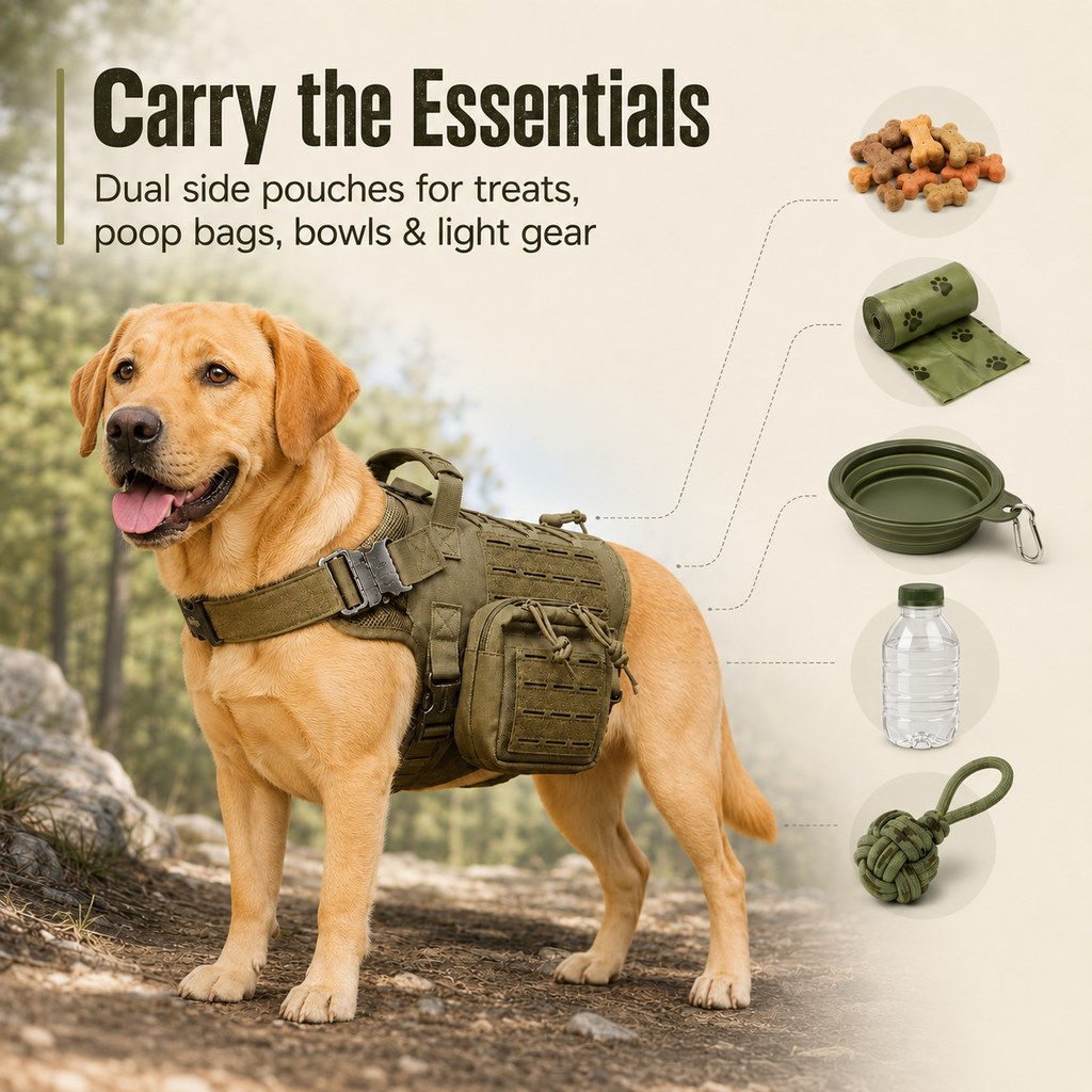 TrailGuard K9 Tactical Dog Backpack Harness with Dual Side Pouches for Hiking, Camping & Outdoor Walks