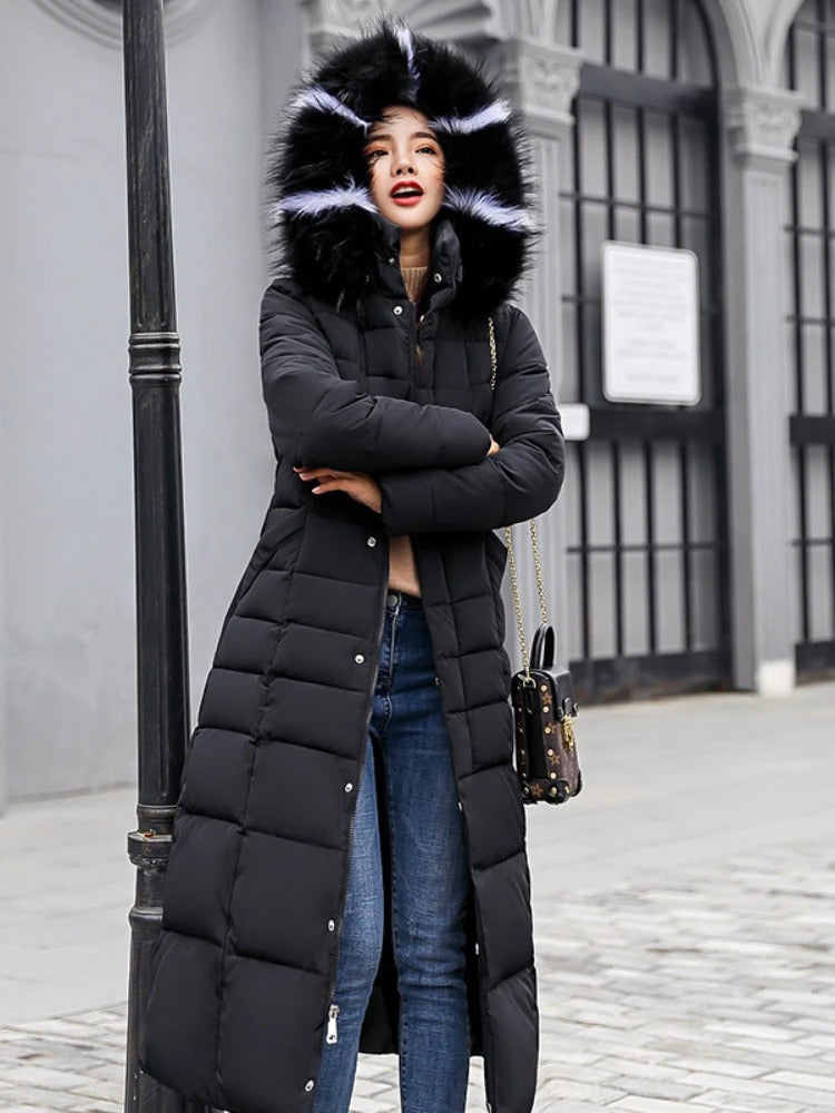Women's Long Hooded Quilted Jacket with Buttons