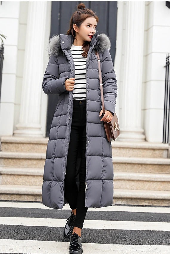 Women's Long Hooded Quilted Jacket with Buttons