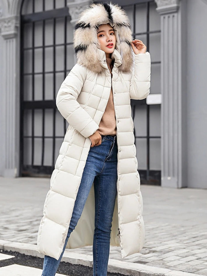 Women's Long Hooded Quilted Jacket with Buttons
