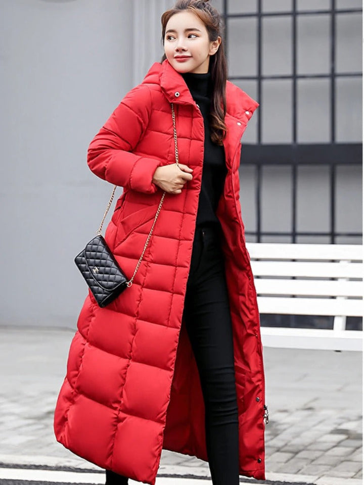 Women's Long Hooded Quilted Jacket with Buttons