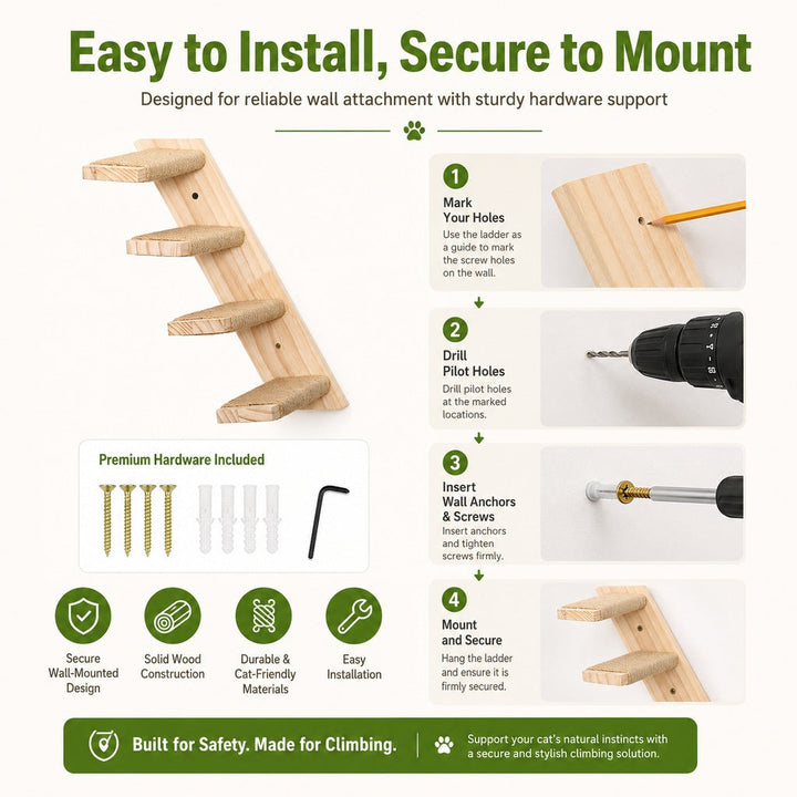 Wall-Mounted Solid Wood Cat Steps for Shelves & Perches | Space-Saving Jute Climbing Ladder