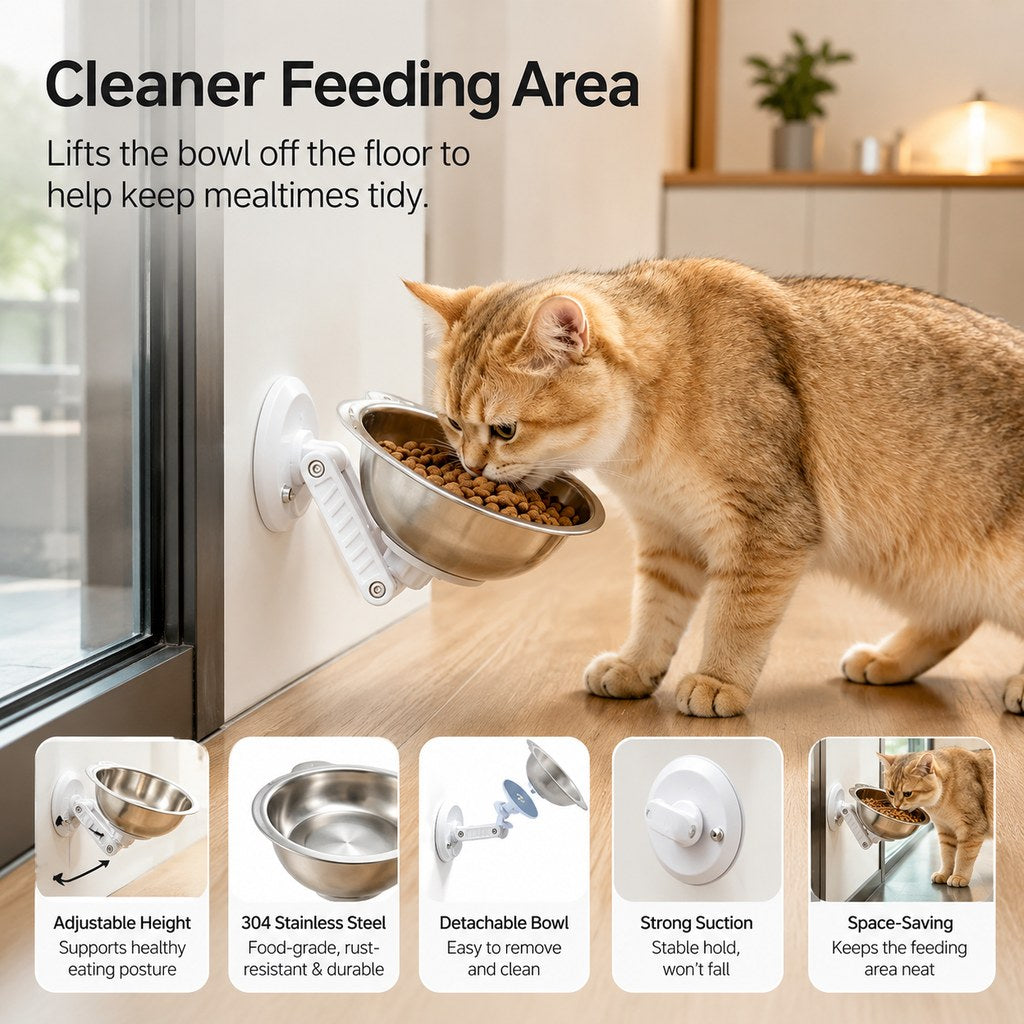 No-Drill Wall-Mounted Pet Bowl for Small Dogs & Cats | Elevated Feeding for Cleaner Floors