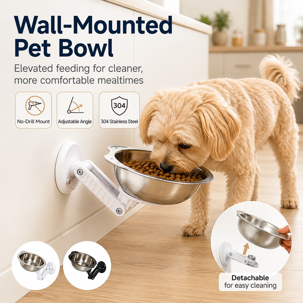 No-Drill Wall-Mounted Pet Bowl for Small Dogs & Cats | Elevated Feeding for Cleaner Floors