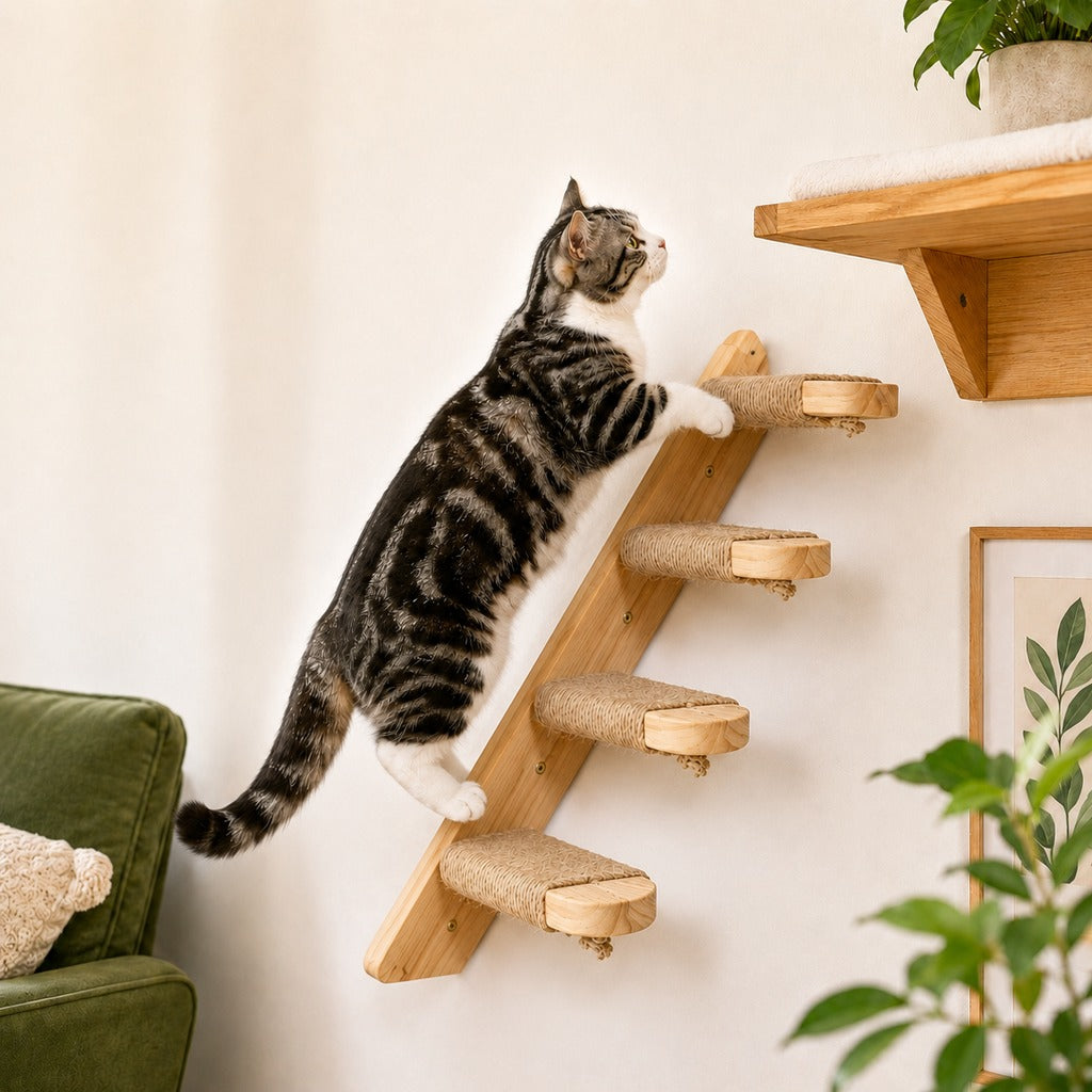 Wall-Mounted Solid Wood Cat Steps for Shelves & Perches | Space-Saving Jute Climbing Ladder