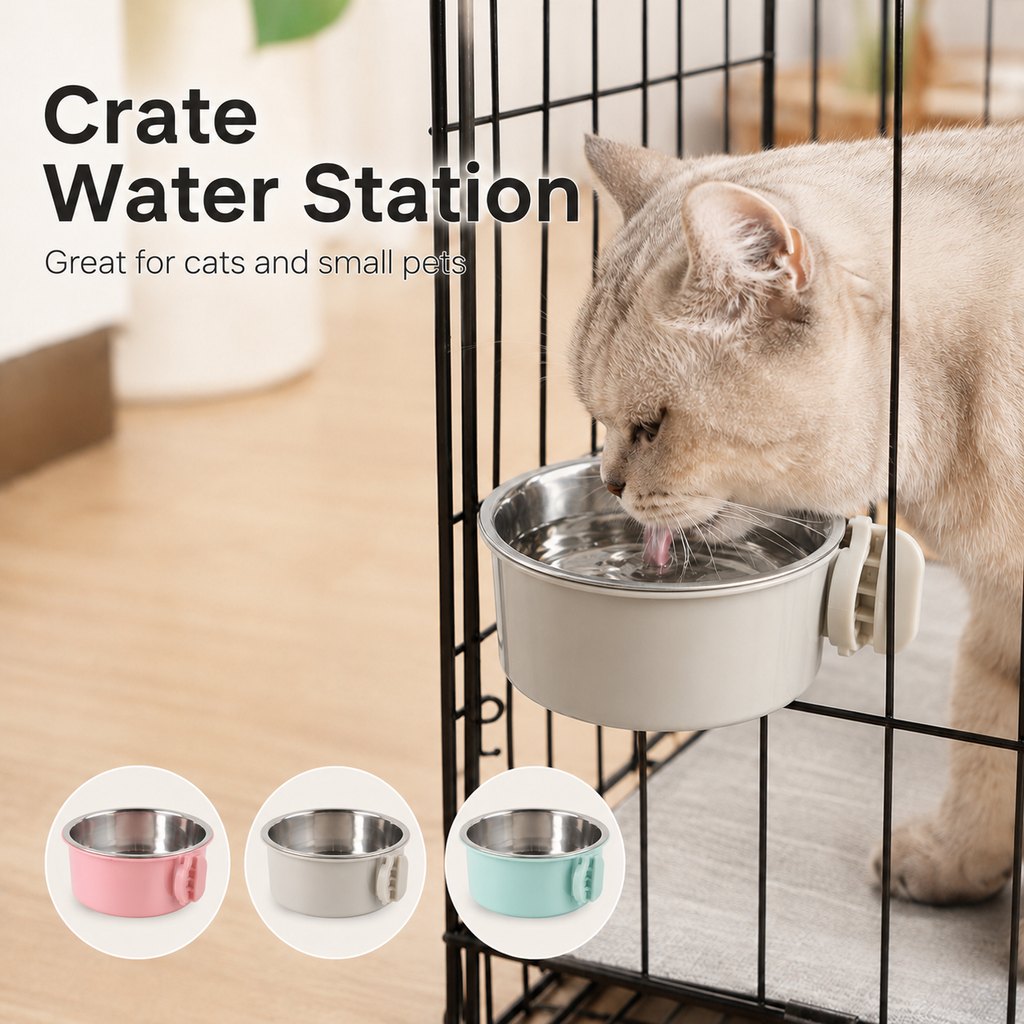 Crate-Mounted Stainless Steel Pet Bowl for Dogs & Cats