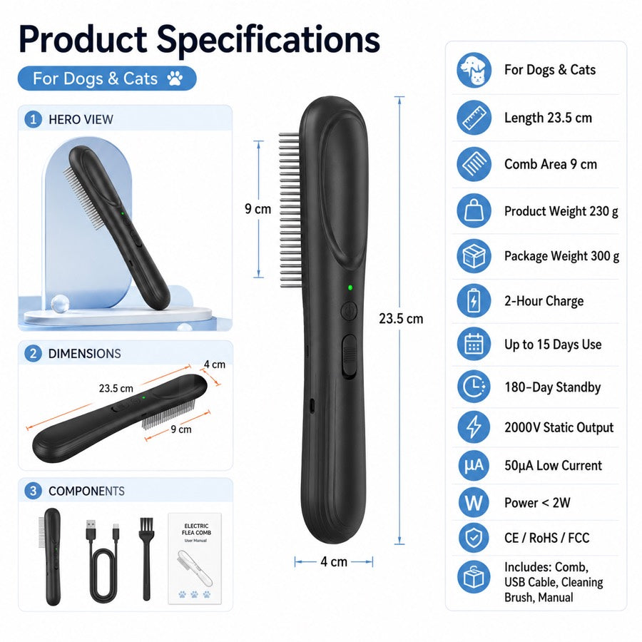 Electric Flea Comb for Dogs & Cats | At-Home Flea Check & Loose Hair Grooming Without Sprays