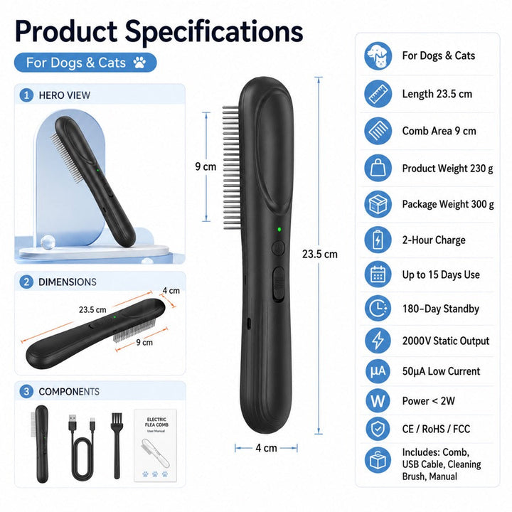 Electric Flea Comb for Dogs & Cats | At-Home Flea Check & Loose Hair Grooming Without Sprays
