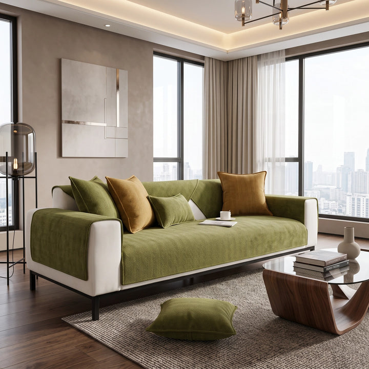 Water Resistant Chenille Sofa Cover with Non Slip Backing and Herringbone Pattern