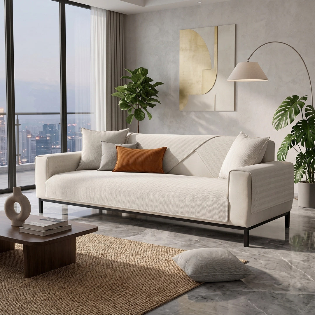 Water Resistant Chenille Sofa Cover with Non Slip Backing and Herringbone Pattern