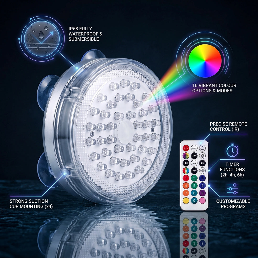 Waterproof Submersible LED Light with Remote Control and 16 Colours