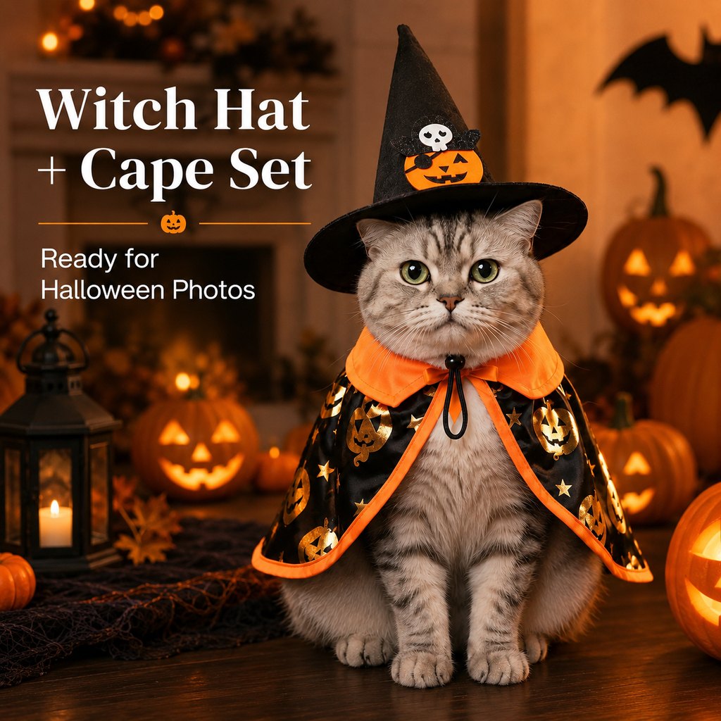 Halloween Cat Witch Hat & Cape Costume Set for Party Photos | Easy Festive Look for Cats