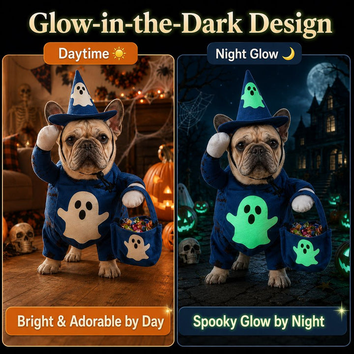 Glow-in-the-Dark Ghost Wizard Dog Costume with Hat & Treat Bag, Halloween Pet Outfit for Trick-or-Treat, Parties, Photos