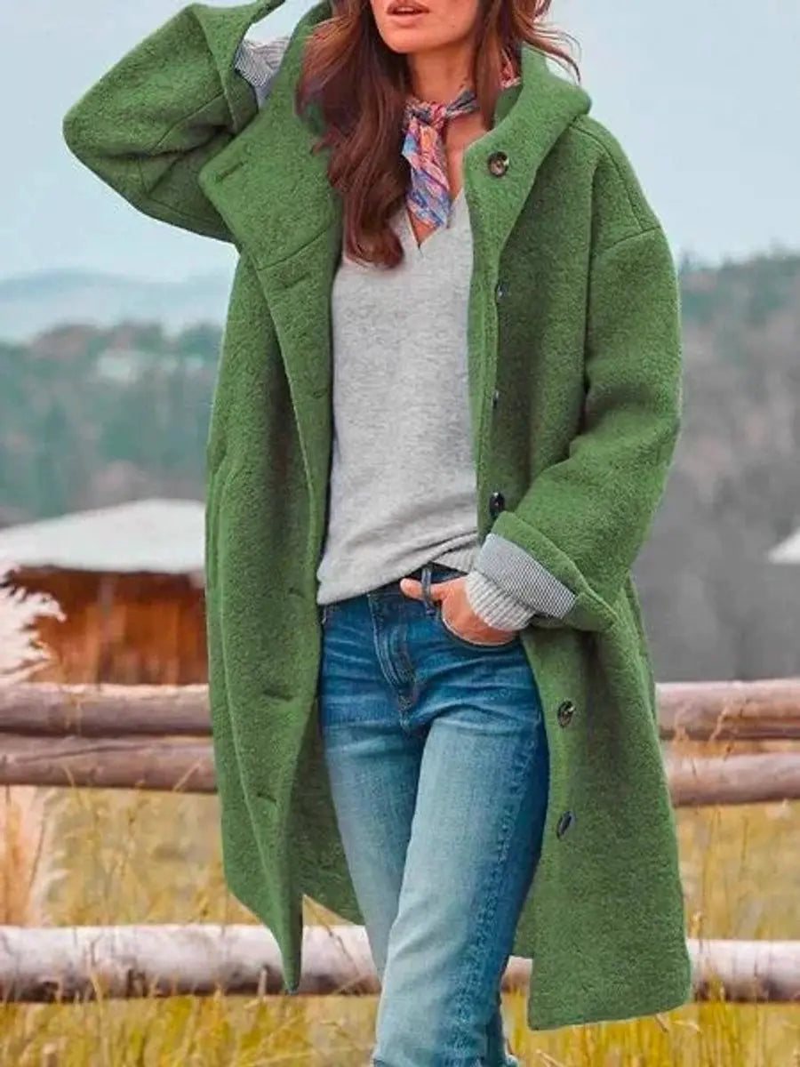 Women Coat Hooded Fleece Long Button-Up Casual Overcoat