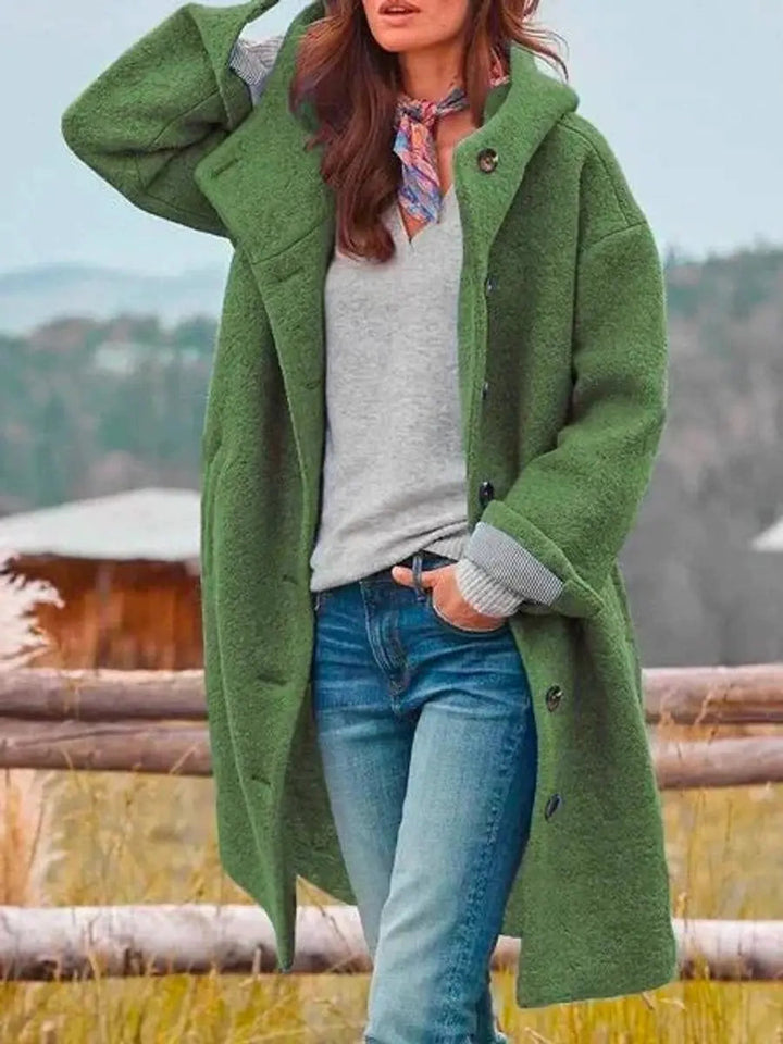 Women Coat Hooded Fleece Long Button-Up Casual Overcoat