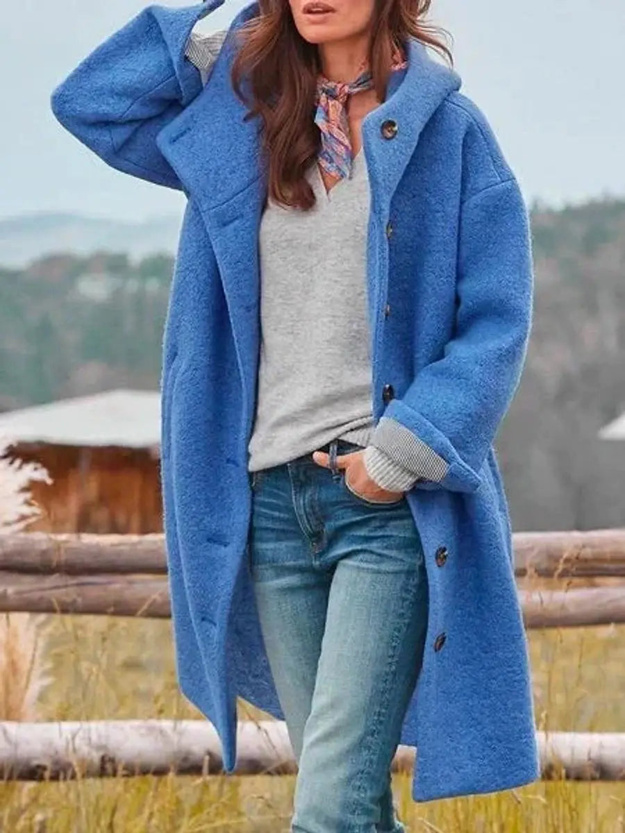Women Coat Hooded Fleece Long Button-Up Casual Overcoat