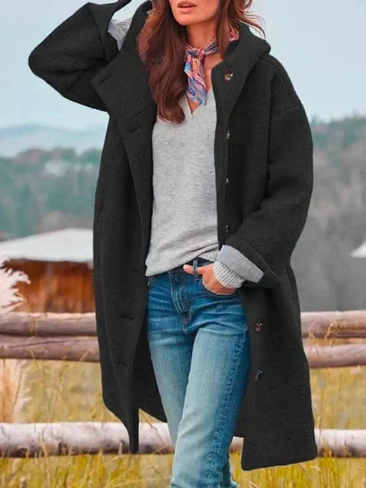 Women Coat Hooded Fleece Long Button-Up Casual Overcoat