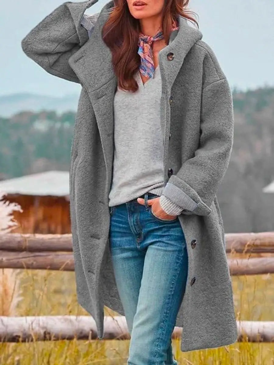 Women Coat Hooded Fleece Long Button-Up Casual Overcoat