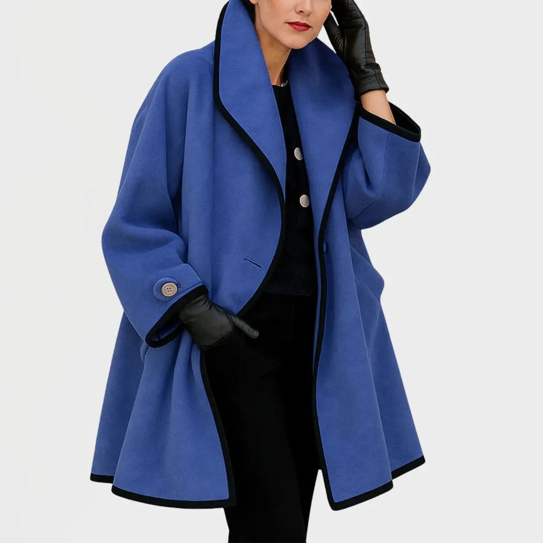 Women Coat Oversized Wool-Blend Swing Coat Black Contrast Trim
