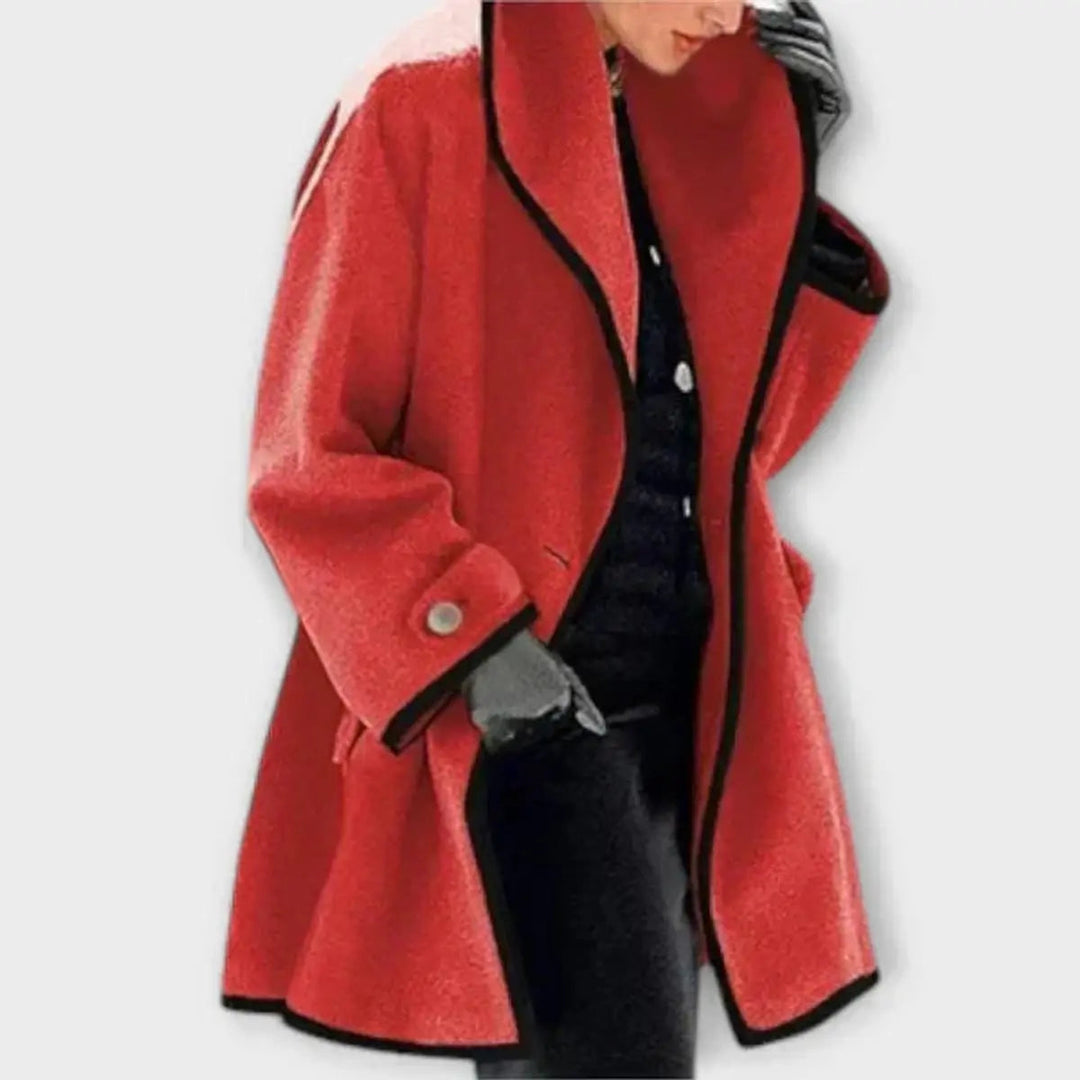Women Coat Oversized Wool-Blend Swing Coat Black Contrast Trim